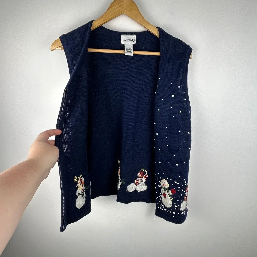 Vintage Breckenridge Navy Blue Snowman‎ Sequin Zip Up Vest Women's Medium